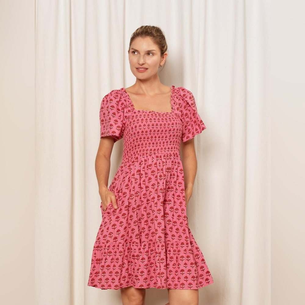 NWT Ophelia & Indigo Pink Floral Smocked Puff Sleeve Dress Cottagecore – XS - Picture 2 of 8